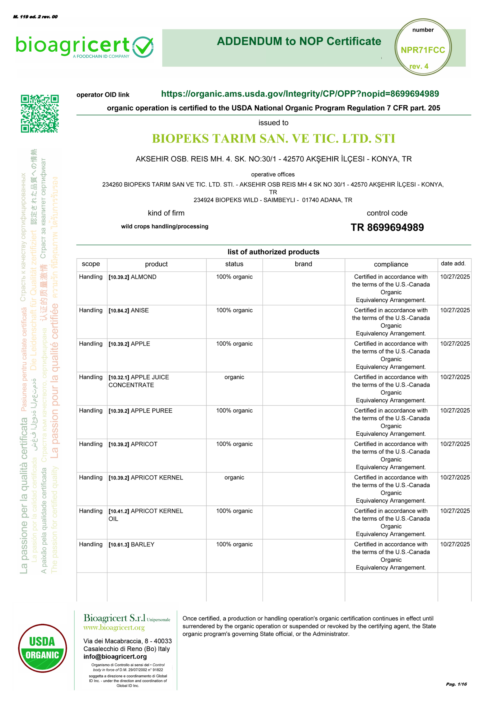 USDA NOP Certificate - Biopeks